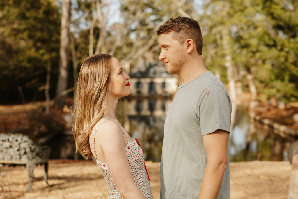 Romantic engagement photos at Bath Gardens in Blythe Georgia
